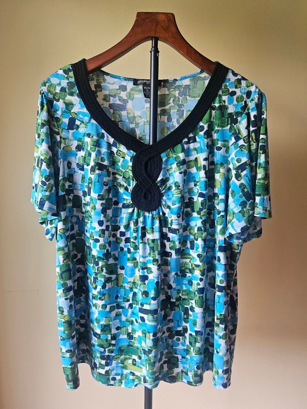 Designers Originals Blue & Green Abstract Short Sleeve Top Size 1X